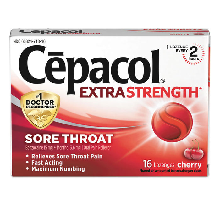 Extra Strength Sore Throat Lozenge, Cherry, 16/Box