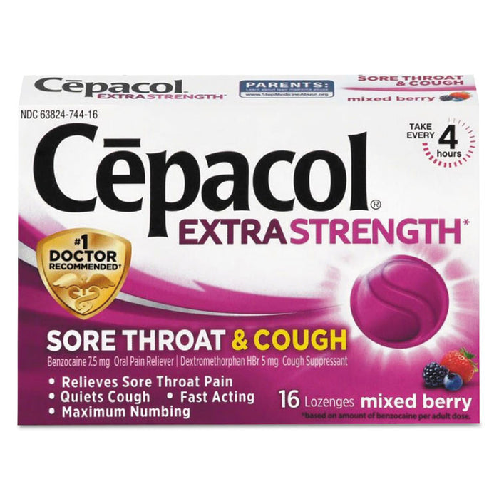Sore Throat and Cough Lozenges, Mixed Berry, 16/Pack, 24 Packs/Carton