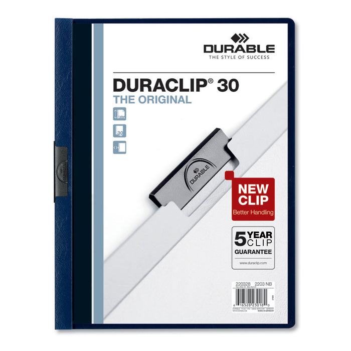 Vinyl DuraClip Report Cover w/Clip, Letter, Holds 30 Pages, Clear/Navy, 25/Box