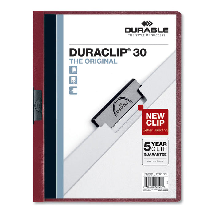 Vinyl DuraClip Report Cover w/Clip, Letter, Holds 30 Pages, Clear/Maroon, 25/Box