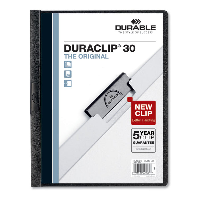 Vinyl DuraClip Report Cover w/Clip, Letter, Holds 30 Pages, Clear/Black, 25/Box