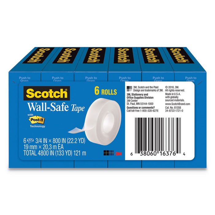 Wall-Safe Tape, 1" Core, 0.75" x 66.66 ft, Clear, 6/Pack