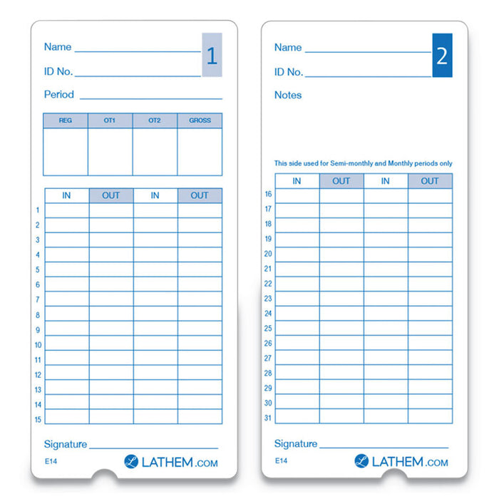 E14-100 Time Cards, Bi-Weekly/Monthly/Semi-Monthly/Weekly, Two Sides, 7"