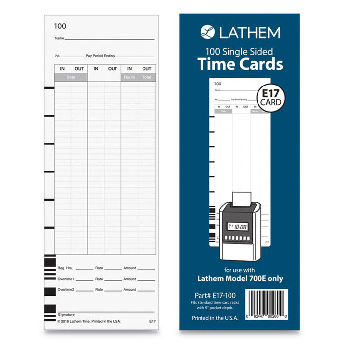 Time Clock Cards for Lathem Time 700E, One Side, 3.5 x 9, 100/Pack
