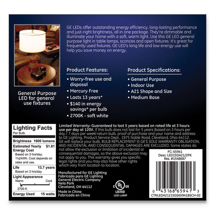 LED Soft White A21 Dimmable Light Bulb, 15 W, 2/Pack