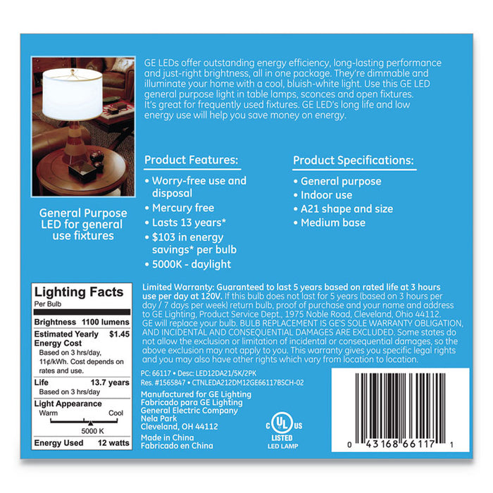LED Daylight A21 Dimmable Light Bulb, 12 W, 2/Pack