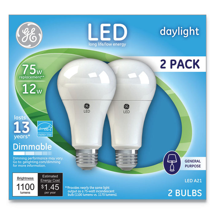 LED Daylight A21 Dimmable Light Bulb, 12 W, 2/Pack