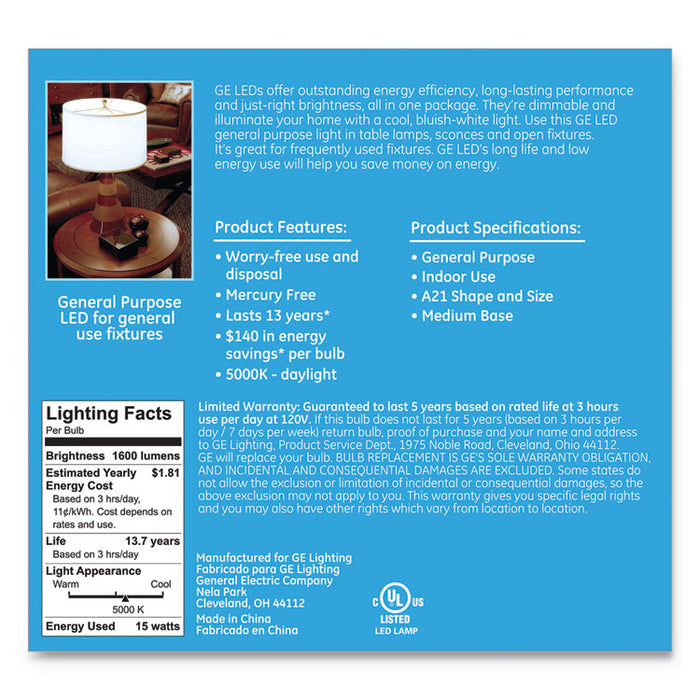 LED Daylight A21 Dimmable Light Bulb, 15 W, 2/Pack