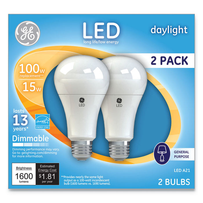 LED Daylight A21 Dimmable Light Bulb, 15 W, 2/Pack