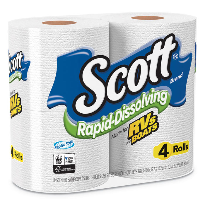 Rapid-Dissolving Toilet Paper, Bath Tissue, Septic Safe, 1-Ply, White, 231 Sheets/Roll, 4/Rolls/Pack, 12 Packs/Carton
