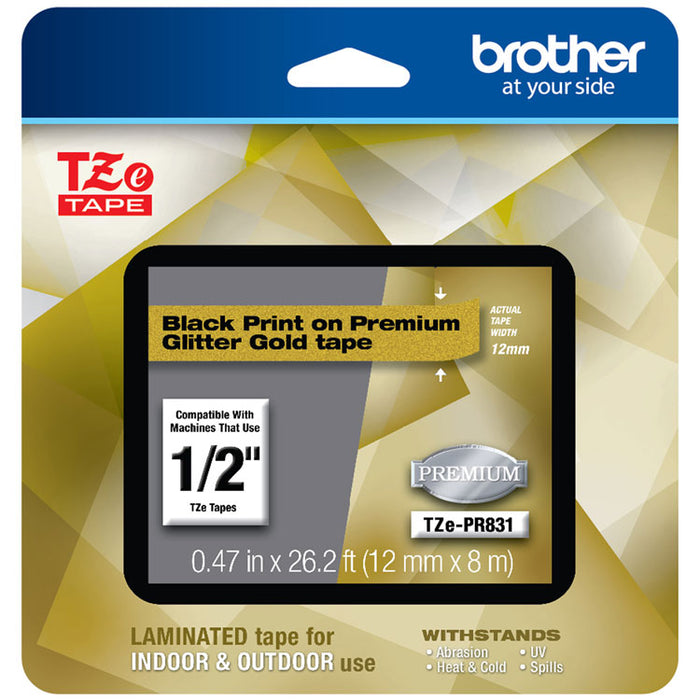 TZe Premium Laminated Tape, 0.47" x 26.2 ft, Black on Gold