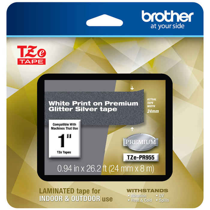 TZe Premium Laminated Tape, 0.94" x 26.2 ft, White on Silver