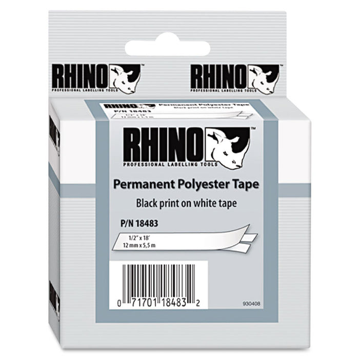 Rhino Permanent Poly Industrial Label Tape, 0.5" x 18 ft, White/Black Print