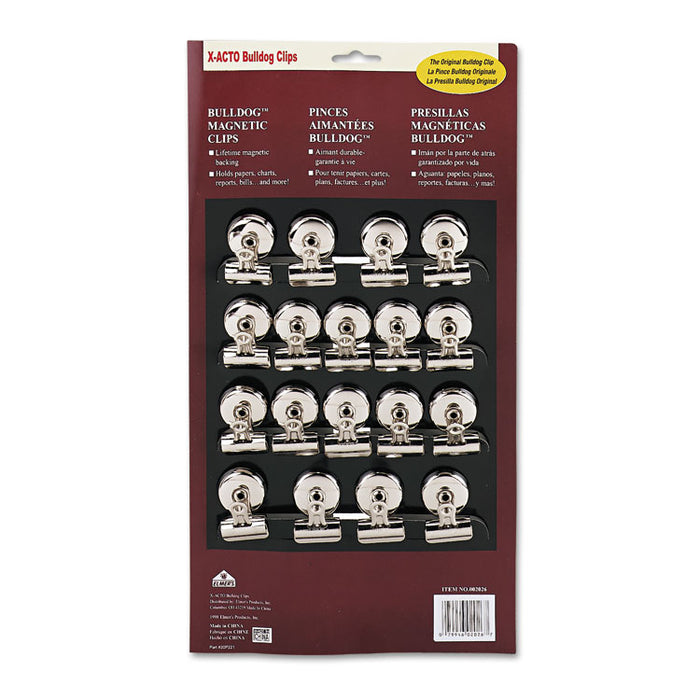 Bulldog Magnetic Clips, 0.44" Jaw Capacity, Nickel, 18/Box