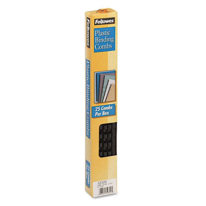 Plastic Comb Bindings, 1/4" Diameter, 20 Sheet Capacity, Black, 25 Combs/Pack