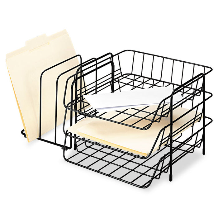 Wire Triple Tray With Sorter, 6 Sections, Letter Size Files, 17.75" x 12.63" x 8.38", Black