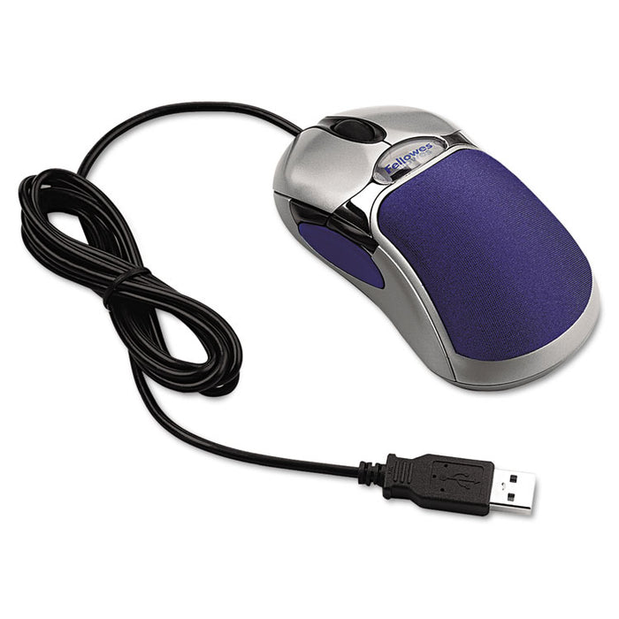 HD Precision Five-Button Optical Gel Mouse, USB 2.0, Left/Right Hand Use, Blue/Silver