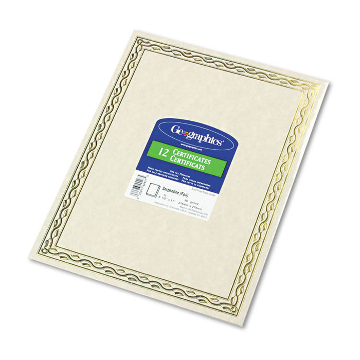 Foil Stamped Award Certificates, 8-1/2 x 11, Gold Serpentine Border, 12/Pack