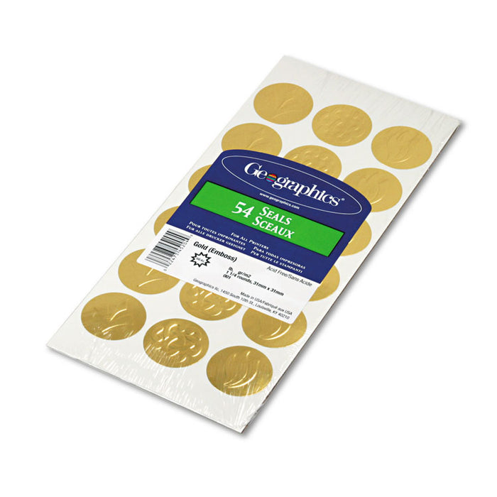 Self-Adhesive Embossed Seals, 1.25" dia., Gold, 18/Sheet, 3 Sheets/Pack