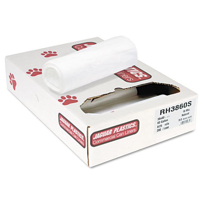 Industrial Strength Commercial Coreless Roll Can Liners, 60 gal, 16 microns, 38" x 60", Natural, 200/Carton