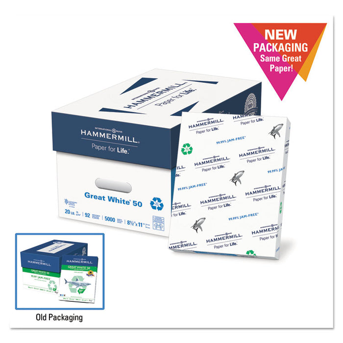 Great White 50 Recycled Print Paper, 92 Bright, 20lb, 8.5 x 11, White, 500 Sheets/Ream, 10 Reams/Carton
