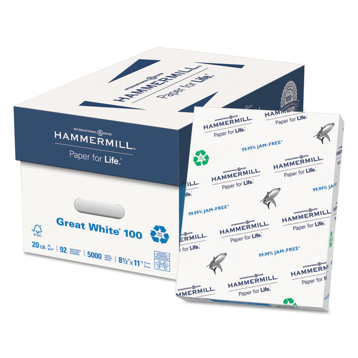 Great White 100 Recycled Print Paper, 92 Bright, 20lb, 8.5 x 11, White, 500 Sheets/Ream, 10 Reams/Carton