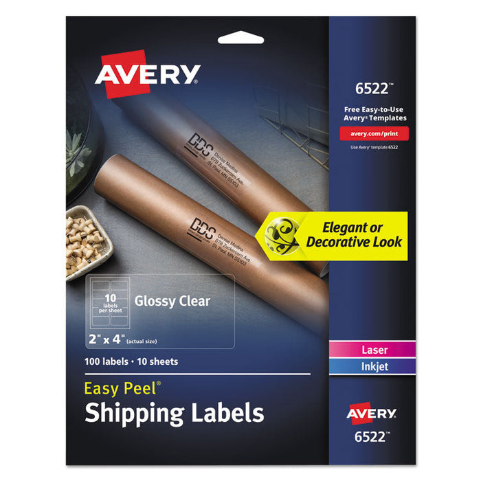 Glossy Clear Easy Peel Mailing Labels w/ Sure Feed Technology, Inkjet/Laser Printers, 2 x 4, Clear, 10/Sheet, 10 Sheets/Pack