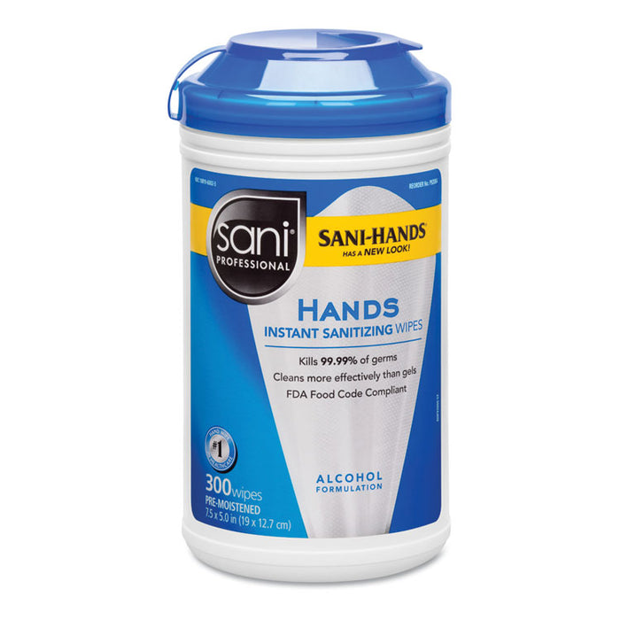 Hands Instant Sanitizing Wipes, 7.5 x 5, 300/Canister, 6/Carton