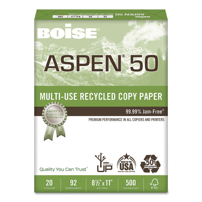 ASPEN 50 Multi-Use Recycled Paper, 92 Bright, 20lb, 8.5 x 11, White, 500 Sheets/Ream, 10 Reams/Carton