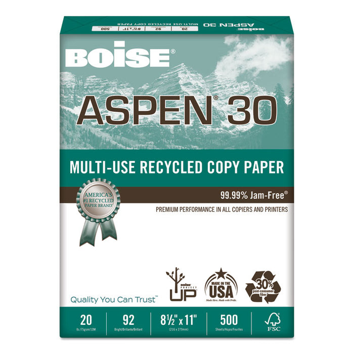 ASPEN 30 Multi-Use Recycled Paper, 92 Bright, 20lb, 8.5 x 11, White, 500 Sheets/Ream, 10 Reams/Carton