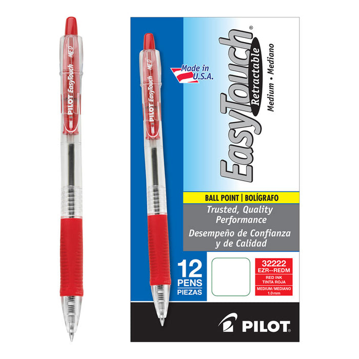 EasyTouch Ballpoint Pen, Retractable, Medium 1 mm, Red Ink, Clear Barrel, Dozen