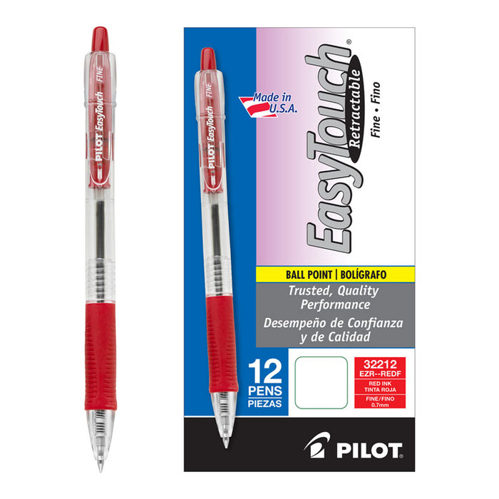 EasyTouch Retractable Ballpoint Pen, Fine 0.7mm, Red Ink, Clear Barrel, Dozen
