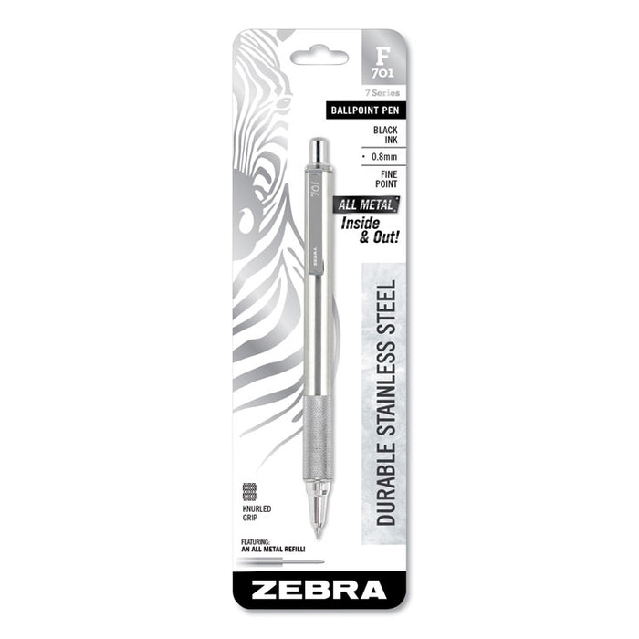 F-701 Retractable Ballpoint Pen, 0.7mm, Black Ink, Stainless Steel/Black Barrel