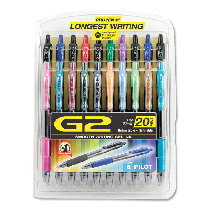 G2 Premium Retractable Gel Pen, Fine 0.7mm, Assorted Ink/Barrel, 20/Set