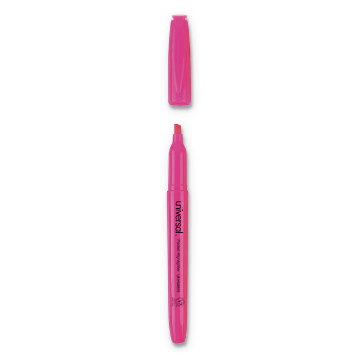 Pocket Highlighters, Fluorescent Pink Ink, Chisel Tip, Pink Barrel, Dozen