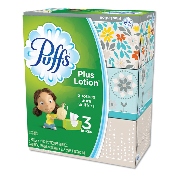 Plus Lotion Facial Tissue, 2-Ply, White, 116 Sheets/Box, 3 Boxes/Pack, 8 Packs/Carton