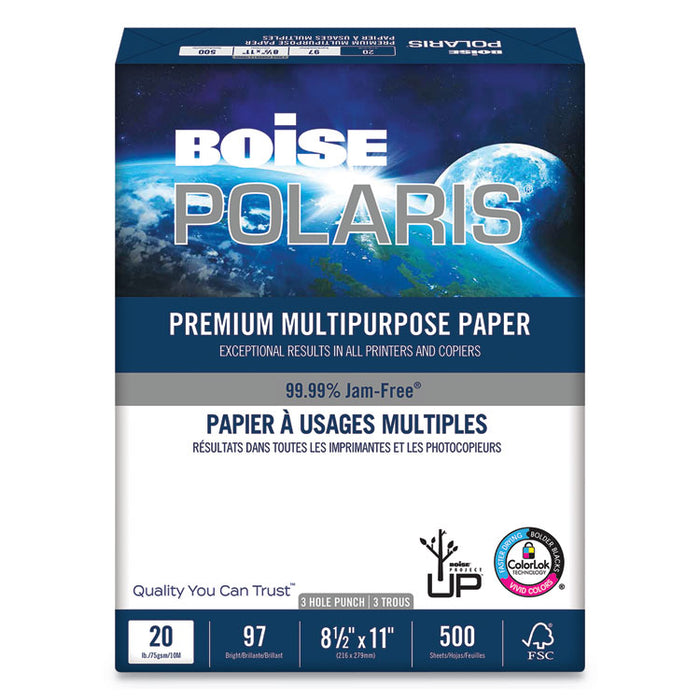 POLARIS Premium Multipurpose Paper, 97 Bright, 20lb, 8.5 x 11, White, 500 Sheets/Ream, 10 Reams/Carton, 40 Cartons/Pallet
