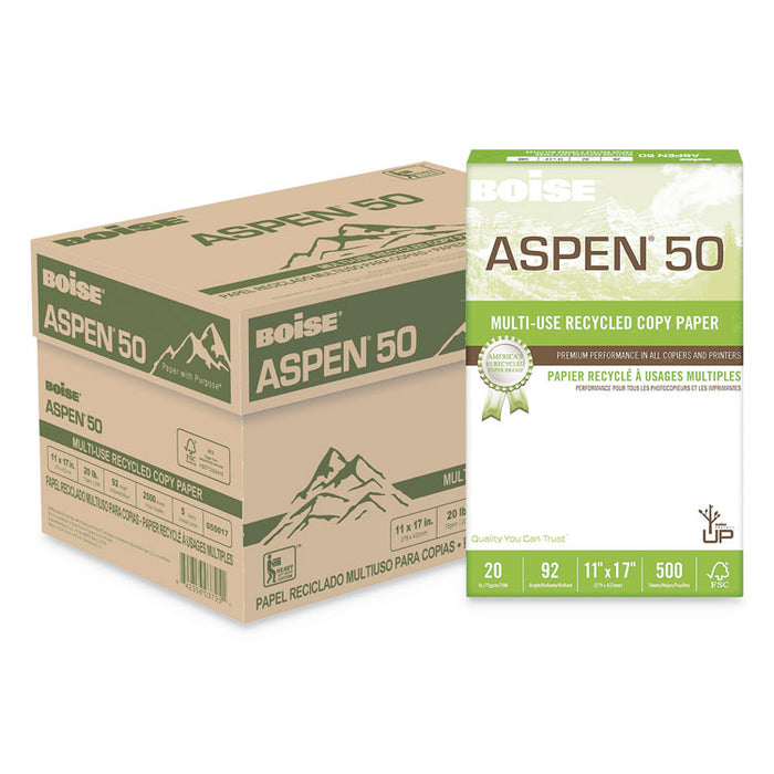 ASPEN 50 Multi-Use Recycled Paper, 96 Bright, 20lb, 11 x 17, White, 500 Sheets/Ream, 5 Reams/Carton