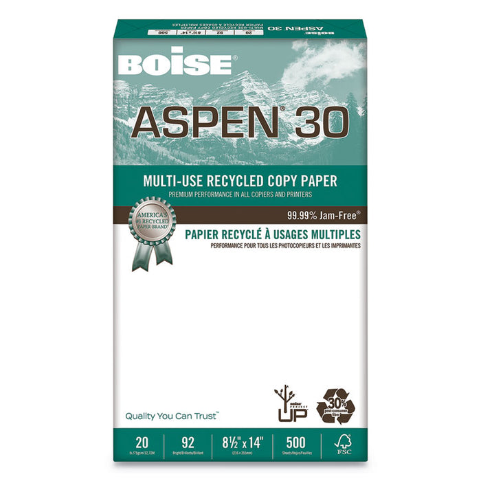 ASPEN 30 Multi-Use Recycled Paper, 92 Bright, 20lb, 8.5 x 14, White, 500 Sheets/Ream, 10 Reams/Carton
