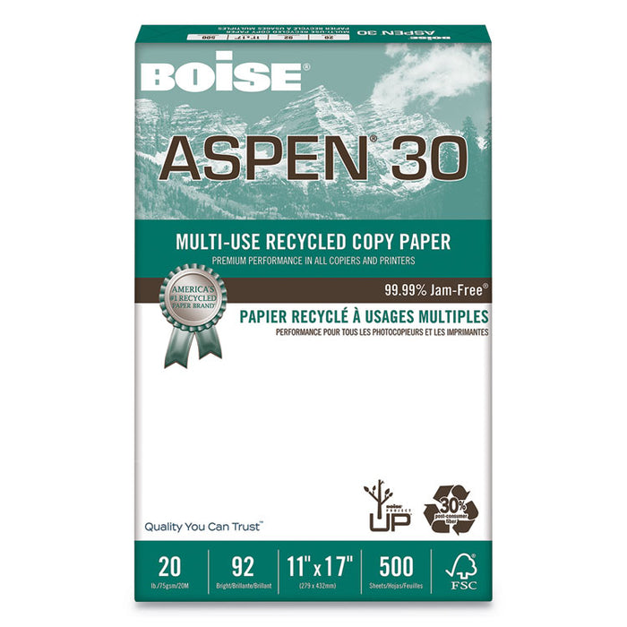 ASPEN 30 Multi-Use Recycled Paper, 92 Bright, 20lb, 11 x 17, White, 500 Sheets/Ream, 5 Reams/Carton