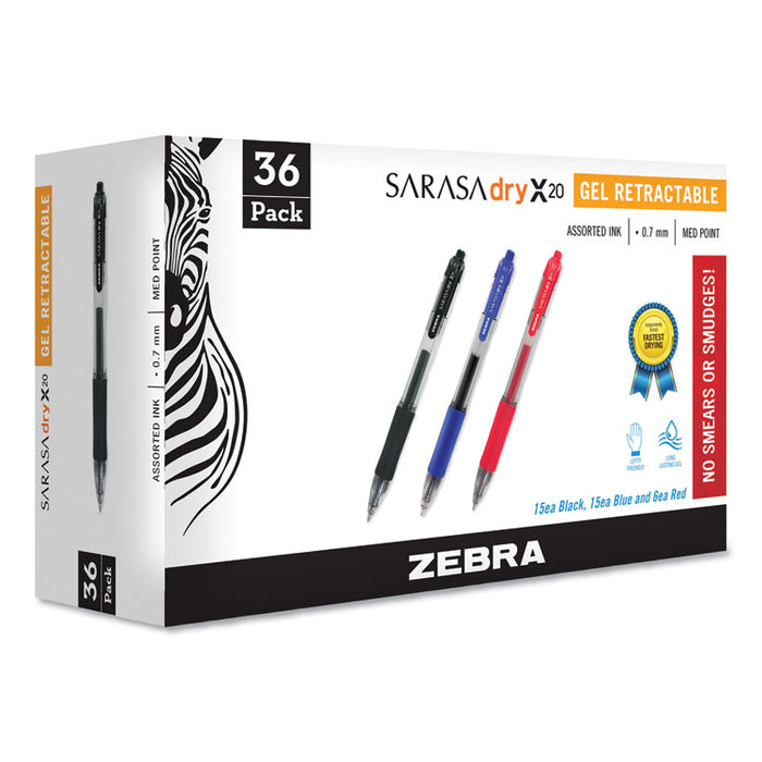 Sarasa Dry Gel X20 Retractable Gel Pen, Medium 0.7mm, Assorted Ink/Barrel, 36/Pack