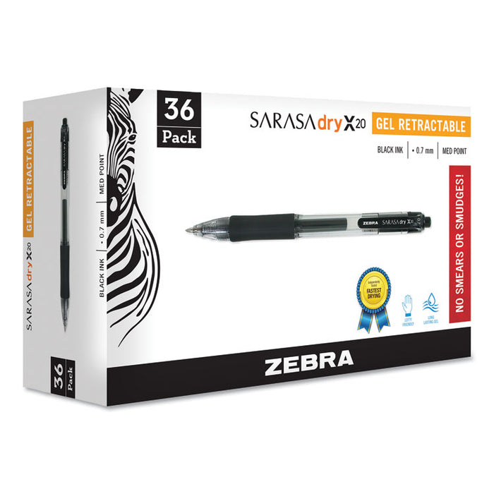 Sarasa Dry Gel X20 Gel Pen, Retractable, Medium 0.7 mm, Black Ink, Smoke Barrel, 36/Pack