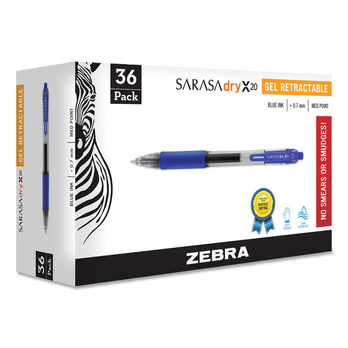 Sarasa Dry Gel X20 Gel Pen, Retractable, Medium 0.7 mm, Blue Ink, Translucent Blue Barrel, 36/Pack