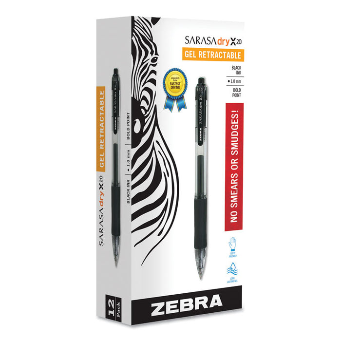 Sarasa Dry Gel X20 Gel Pen, Retractable, Bold 1 mm, Black Ink, Smoke Barrel, 12/Pack