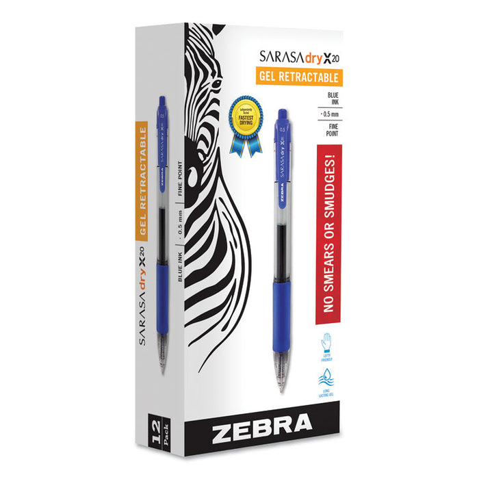 Sarasa Dry Gel X20 Retractable Gel Pen, Fine 0.5mm, Blue Ink, Translucent Blue Barrel, Dozen