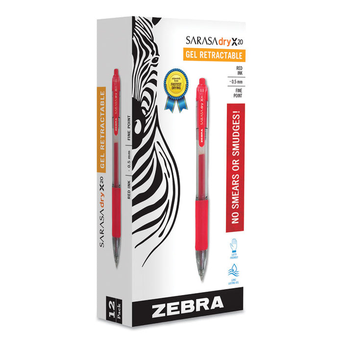 Sarasa Dry Gel X20 Gel Pen, Retractable, Fine 0.5 mm, Red Ink, Translucent Red Barrel, 12/Pack