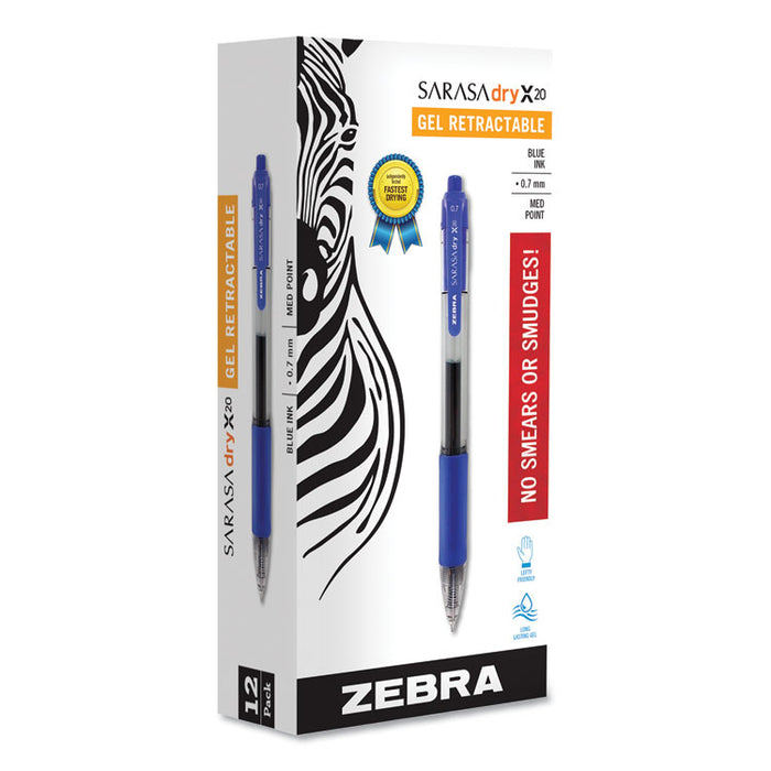 Sarasa Dry Gel X20 Retractable Gel Pen, Medium 0.7mm, Blue Ink, Translucent Blue Barrel, Dozen
