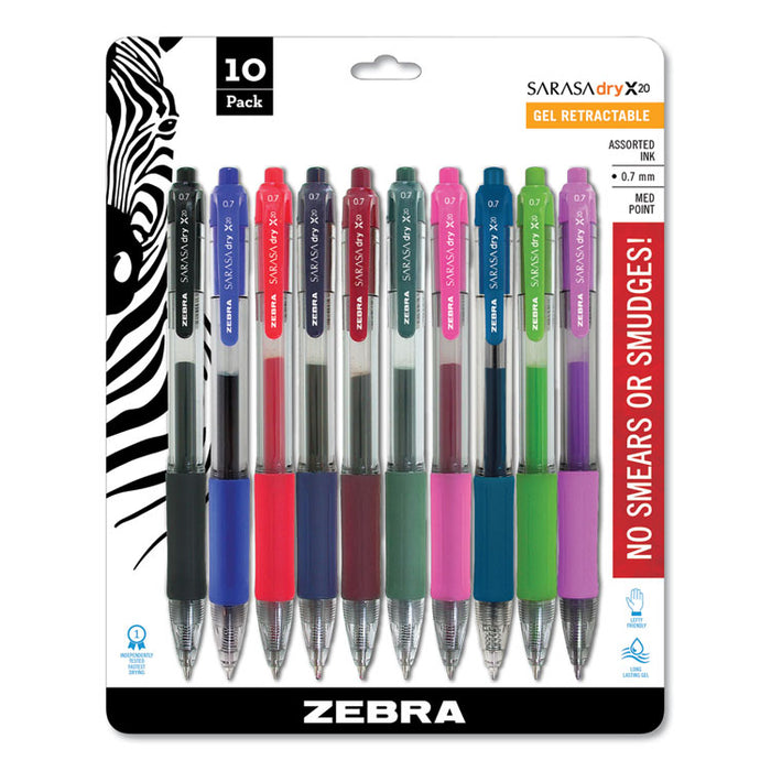 Sarasa Dry Gel X20 Gel Pen, Retractable, Medium 0.7 mm, Assorted Ink and Barrel Colors, 10/Pack