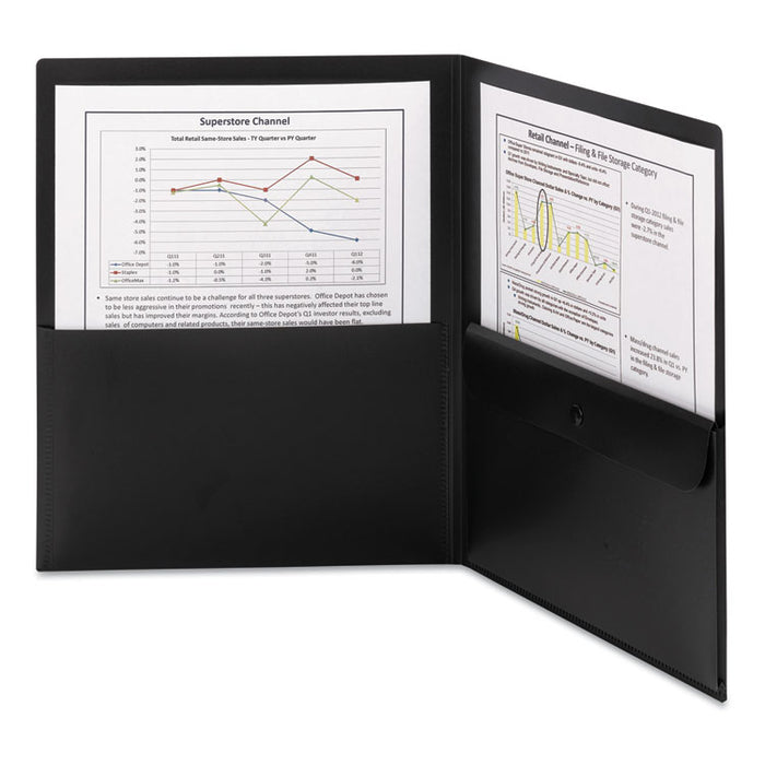 Poly Two-Pocket Folder w/Security Pocket, 11 x 8 1/2, Black, 5/Pack