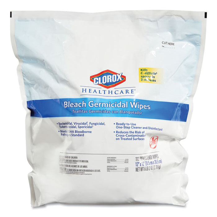 Bleach Germicidal Wipes, 12 x 12, Unscented, 110/Refill, 2/Carton